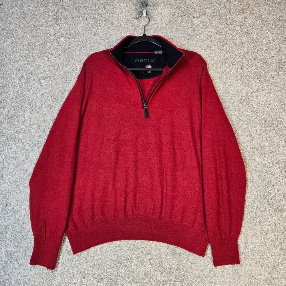 Orvis 100% Merino Wool Men's Large Red 1/4 zip Pullover Sweater lightweight